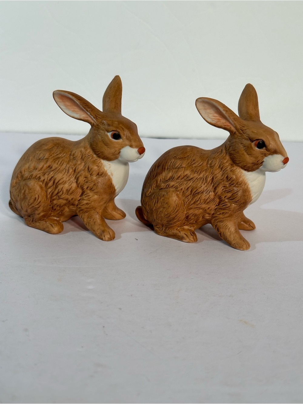 Set Of 2 Lefton Brown Porcelain Bunny Rabbits Taiwan Red Nose‎ Detailed 3" Tall